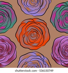 Trendy vector seamless Floral Pattern. Orange, violet and red roses.