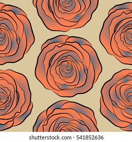 Trendy vector seamless Floral Pattern. Orange, blue and beige roses.