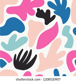 Trendy vector seamless pattern with abstract forms. Paper cutouts. Hand drawn modern design for card, print on clothes.