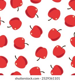 Trendy vector Seamless pattern, bright red apples isolated on white background. Flat style, minimalistic and vibrant design for textiles, packaging, kitchen decor, and autumn or fruit-themed projects
