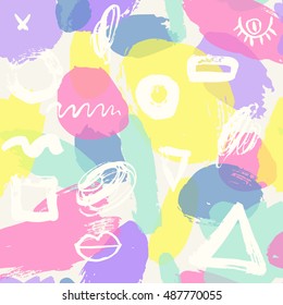 Trendy vector seamless pattern with brush strokes. Hand drawn abstract card and geometric elements. Modern abstract design poster, cover,card design.