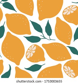 Trendy vector seamless pattern with fresh lemon. Organic fruit background. Vegetarian healthy food illustration. Tropical repeated backdrop for textile and decoration design