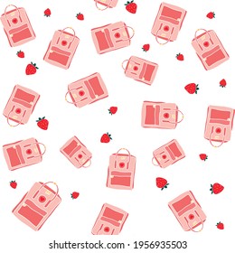 Trendy vector seamless pattern illustration of pink backpack and strawberry