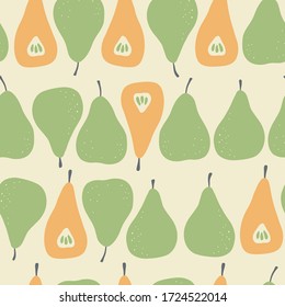 Trendy vector seamless pattern with pear. Organic fruit background. Vegetarian healthy food illustration. Tropical nature repeat background for textile and decoration design