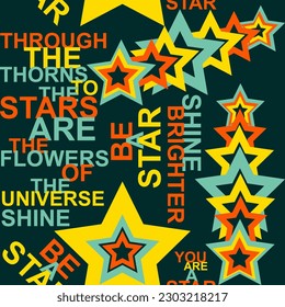 Trendy vector seamless pattern in retro 70s style with stars, slogans, and phrases. Shapes and words in bright colors - orange, yellow, and turquoise on a black background.