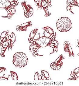 Trendy vector seamless pattern with seafood in modern linear style. Includes fish, shrimp, crab, and shellfish. Minimalist 2025 design, perfect for packaging, textiles, and kitchen decor.