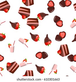 Trendy vector seamless pattern with a strawberry in chocolate and milkshake