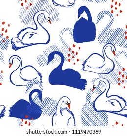 Trendy vector Seamless pattern with white swan princess. Creative hand drawn style on white  background. Perfect for all prints  design, fabric, wrapping, wallpaper, textile, apparel