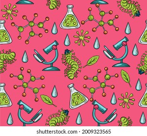 
Trendy vector seamless print with bacteria, maleules and living organisms. Illustration about biology and chemistry for children. Background for printing on fabrics and paper.
Pattern about science 