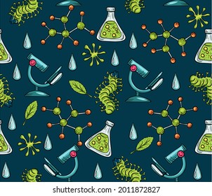 
Trendy vector seamless print with bacteria, maleules and living organisms. Illustration about biology and chemistry for children. Background for printing on fabrics and paper.
Pattern about science 