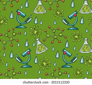 
Trendy vector seamless print with bacteria, maleules and living organisms. Illustration about biology and chemistry for children. Background for printing on fabrics and paper.
Pattern about science 