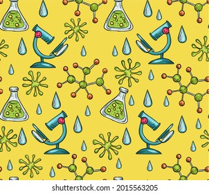 
Trendy vector seamless print with bacteria, maleules and living organisms. Illustration about biology and chemistry for children. Background for printing on fabrics and paper.
Pattern about science 