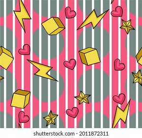 
Trendy vector seamless print with lightning, circles, stars and cubes. 1980s and 1990s pop art background. Abstract background for children and adults. Pattern for printing on fabrics and paper.