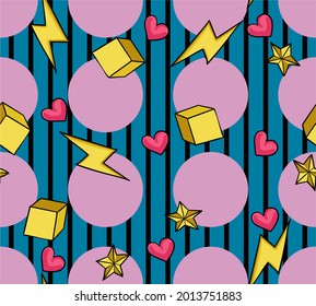 
Vector de moda, impresión sin fisuras con rayo, círculos, estrellas y cubos. Antecedentes de arte pop de los años 80 y 90. Antecedentes abstractos para niños y adultos. Patrón de impresión en tejidos y papel.