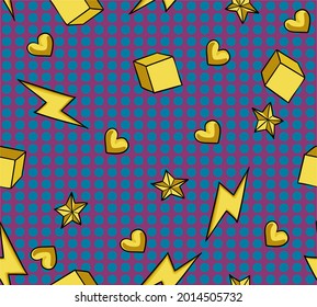 
Vector de moda, impresión sin fisuras con rayo, círculos, estrellas y cubos. Antecedentes de arte pop de los años 80 y 90. Antecedentes abstractos para niños y adultos. Patrón de impresión en tejidos y papel.