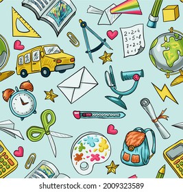Trendy vector seamless print with school icons. Stationery, globe, bus, microscope, book, notepads. Illustration about education and science for children. Background for printing on fabrics and paper