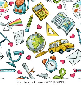 Trendy vector seamless print with school icons. Stationery, globe, bus, microscope, book, notepads. Illustration about education and science for children. Background for printing on fabrics and paper