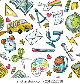 Trendy vector seamless print with school icons. Stationery, globe, bus, microscope, book, notepads. Illustration about education and science for children. Background for printing on fabrics and paper