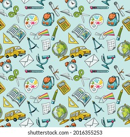 Trendy vector seamless print with school icons. Stationery, globe, bus, microscope, book, notepads. Illustration about education and science for children. Background for printing on fabrics and paper