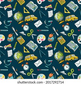 Trendy vector seamless print with school icons. Stationery, globe, bus, microscope, book, notepads. Illustration about education and science for children. Background for printing on fabrics and paper