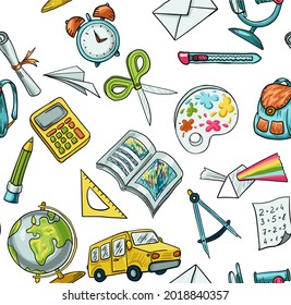Trendy vector seamless print with school icons. Stationery, globe, bus, microscope, book, notepads. Illustration about education and science for children. Background for printing on fabrics and paper