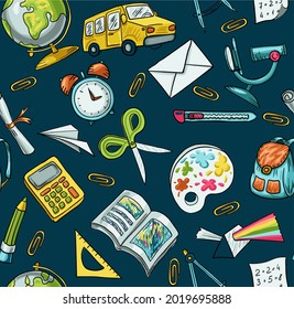 Trendy Vektorgrafik nahtlos mit Schulsymbolen. Papier, Erdkugel, Bus, Mikroskop, Bücher, Notebooks. Illustration über Bildung und Wissenschaft für Kinder. Hintergrund für den Druck auf Gewebe und Papier