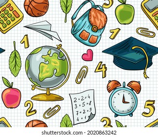 Trendy vector seamless print with school icons. Stationery, globe, bus, microscope, book, notepads. Illustration about education and science for children. Background for printing on fabrics and paper
