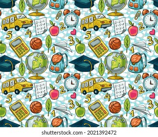 Trendy vector seamless print with school icons. Stationery, globe, bus, microscope, book, notepads. Illustration about education and science for children. Background for printing on fabrics and paper