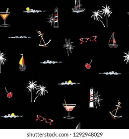 Trendy Vector is seamless and repeatable. Tropical summer elements print Wallpaper with nature beach island mood on black background,  Design for fashion fabric,wallpaper,web,and all prints 