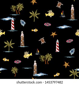 Trendy Vector is seamless and repeatable. Tropical summer elements print with nature beach island mood on summer night background, Design for fashion fabric,wallpaper,web,and all prints on black