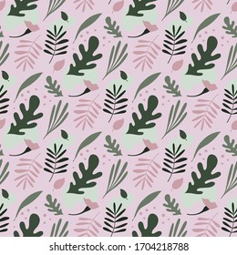 Trendy vector seamless repeating pattern with abstract floral and leaf shapes. Modern gift wrap or wallpaper in muted shades of green and pink. Stylish texture for wrapping paper, fabric and textile.