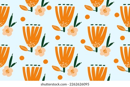 Trendy vector seamless repeating pattern with hand drawn flowers, dots and different shapes on blue background. Background for cover, wallpaper, fabric, clothes, wrapper, case, textile, cards, textile