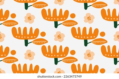 Trendy vector seamless repeating pattern with hand drawn flowers, dots and different shapes on blue background. Background for cover, wallpaper, fabric, clothes, wrapper, case, textile, cards, textile