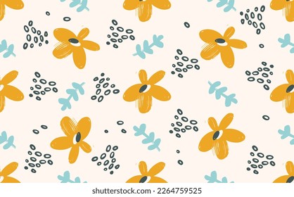 Trendy vector seamless repeating pattern with hand drawn flowers, dots,and leaves.