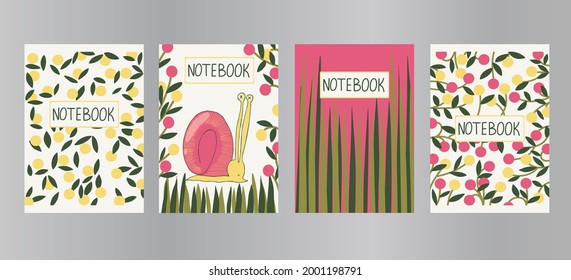 Trendy vector set of a4 covers in modern flat style. Hand drawn notepad templates with leaves, berries, grass, snail, lettering. Design concept for flyer, workbook, school book, title sheet, notebook.