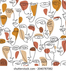 Conjunto vectorial de moda de rostros abstractos en un mínimo de línea continua. Colección de moda vectorial dibujada a mano. Resumen textura elegante con caras humanas. Patrón sin fisuras de vector de tracción manual