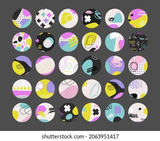 Trendy vector set of abstract highlight covers. Scribble style. Hand drawn templates. Round icons for social media stories. 