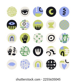 Trendy vector set of abstract highlight covers. Scribble style. Hand drawn templates. Round icons for social media stories. 