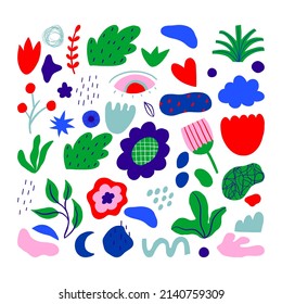 Trendy vector set of abstract pieces. Spring bloom. Hand drawn modern forms for card, print on clothes. Creative collage.