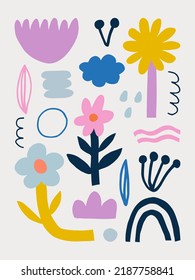 Trendy vector set of abstract pieces. Spring bloom. Hand drawn modern forms for card, print on clothes. Creative collage.