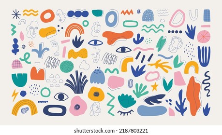 Trendy vector set of abstract pieces.  Hand drawn modern forms for card, print on clothes. Creative collage.