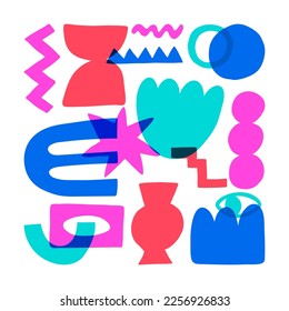 Trendy vector set of abstract pieces. Risograph print style. Hand drawn modern forms for card, print on clothes. Creative collage.