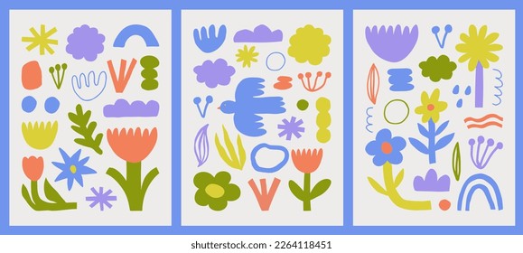 Trendy vector set of abstract pieces. Spring bloom. Hand drawn modern forms for card, print on clothes. Creative collage.