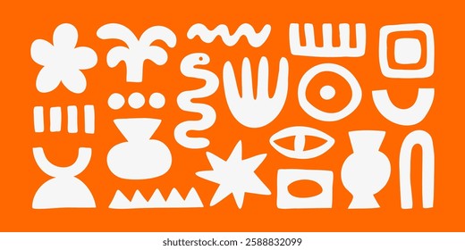 Trendy vector set of abstract pieces. Hand drawn modern forms for card, print on clothes. Creative collage with naive objects. Trippy symbols.