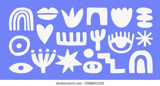 Trendy vector set of abstract pieces. Hand drawn modern forms for card, print on clothes. Creative collage with naive objects. Trippy symbols.