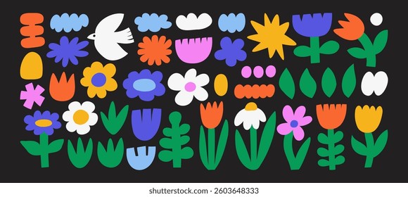 Trendy vector set of abstract pieces. Spring bloom. Hand drawn modern forms for card, print on clothes. Creative collage. Abstract bold shapes