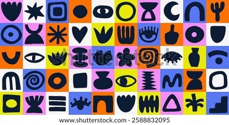 Trendy vector set of abstract pieces. Hand drawn modern forms for card, print on clothes. Creative collage with naive objects. Trippy symbols.