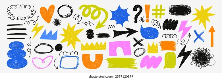 Trendy vector set of abstract scribble objects. Hand drawn arrows and strokes. Modern shapes. Creative collage.