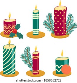 Trendy vector set of candles decorated with fir branch, mandarin, holly berries and leaves. Isolated images of green and red burning candles with polka dots and different types of stripes. Xmas mood