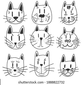 Conjunto de gatos vectorial de moda. Kitties de contorno de estilo plano dibujados a mano. Colección de caras inusuales de gatito escandinavo de garbanzos. Concepto de pussycat de niñita para el agitador, la impresión, el clip art, etiqueta, estacionario